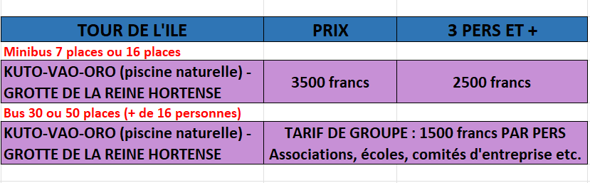 Tour de l ile tarifs